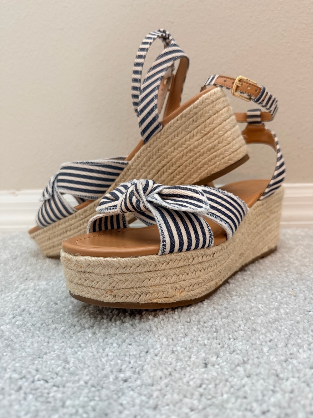 J. Crew Women’s Striped Navy Espadrille Wedge Sandals, size 10